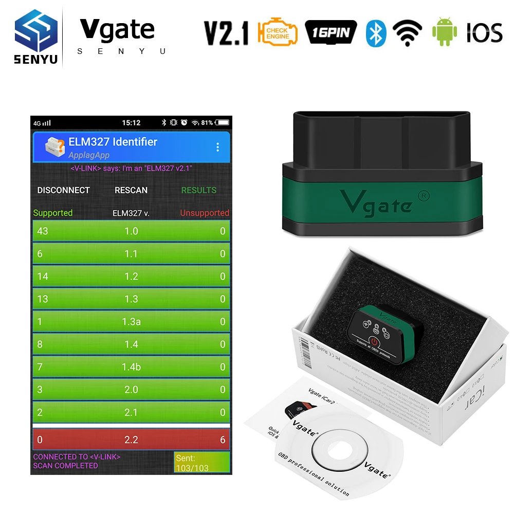 

Vgate iCar2 V2.1 elm327 Wifi Bluetooth 3.0 for Android/IOS/PC wi-fi iCar 2 OBD2 Scanner Car Auto Diagnostic Tool VS ELM 327 V1.5