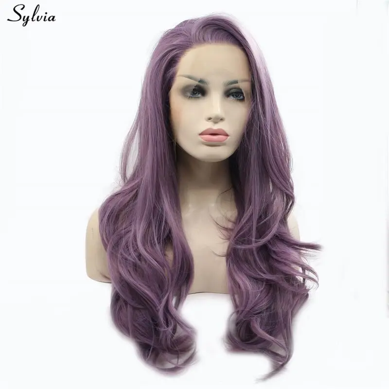Sylvia Long Soft Wavy Tyrian Purple Wigs Pastel Violet/Green Glueless Lace Front Wig Synthetic