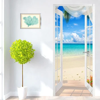 

PVC Self-adhesive Door Sticker Window Sandy Beach Seascape 3D Photo Wallpaper Mural Living Room Bedroom Door Decoration Stickers