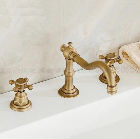 Basin Faucets Antique Brass Bathroom Sink Faucet Double Cross Handle 3 Hole Bathbasin Mixer Taps znf023