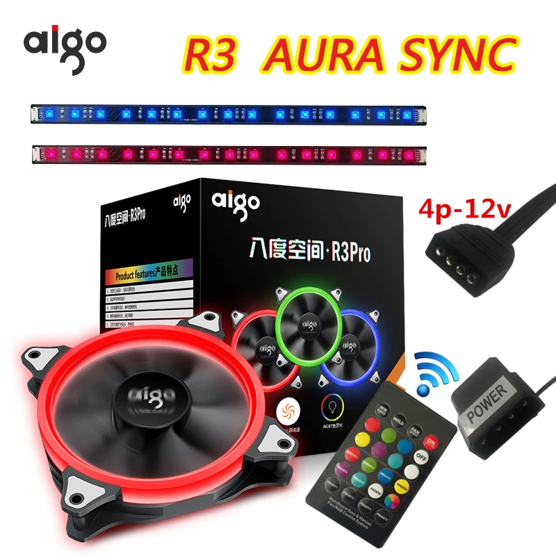 

Aigo R3 RGB Case Fan 4P-12v aura sync fans Quiet IR Remote computer Cooler Cooling fan computer desktop12cm fan Magnetic strip