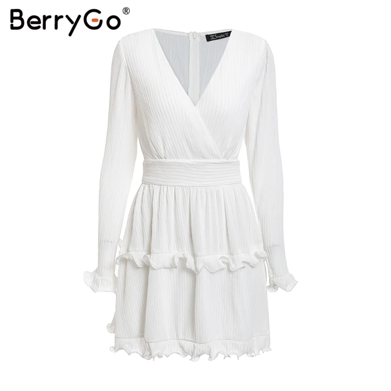 BerryGo, женские платья, элегантное Плиссированное шифоновое летнее платье,, длинный рукав, v-образный вырез, оборки, белые платья, мини платье - Цвет: Белый
