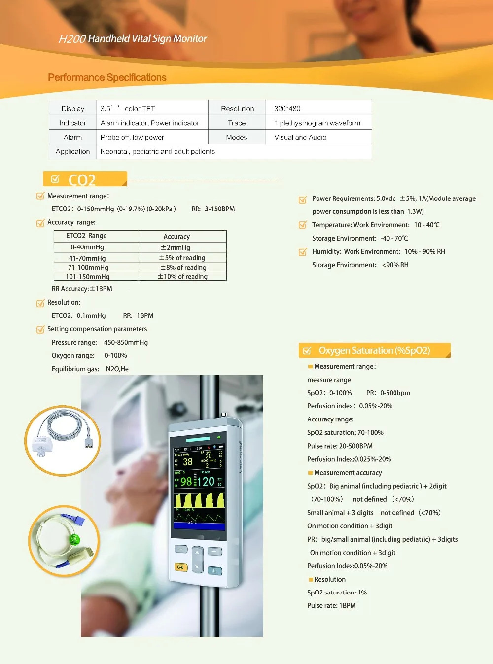 Портативный Ветеринарный монитор с капнографом 3,5 дюймов ETCO2 монитор, ETCO2 датчик, ETCO2 модуль для животных