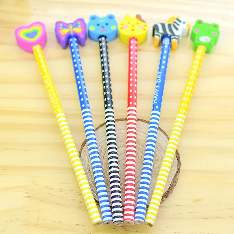 

10pcs/set New Pencil Wood Environmental Protection Pencil BrightColor Cartoon CuteAnimal Rubber Head Pencil School Office Pencil