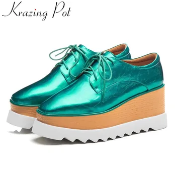 

Krazing Pot new arrival European designer wedges platform square toe lace up high bottom natural leather punk style pumps L8f1