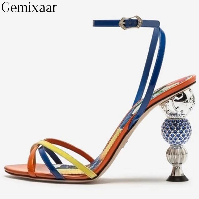 

Chic Mixed Color Strange Heel Studded Ball Rhinestone Women Shoes Open Toe Sexy Narrow Wrap Sandales Luxury Jewel High Pumps