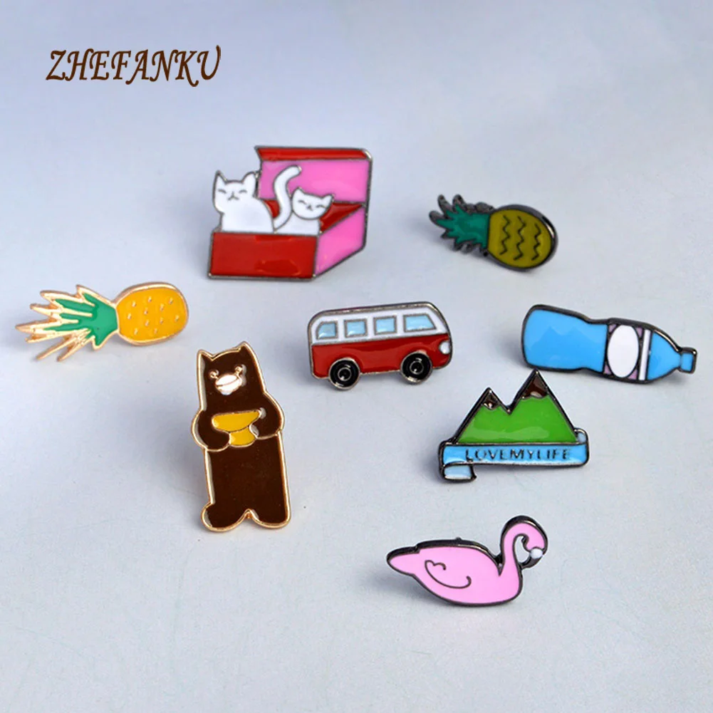 

Cats In Box Pineapple Bus Bear Swan Mountain Brooch Button Pins Denim Jacket Pin Badge Cartoon Jewelry Gift