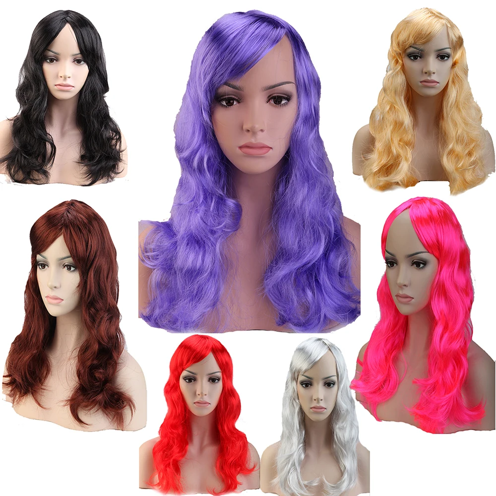 19 48cm Women Long Curly Wavy Black Brown Blonde Pink Purple Red Anime Party Cosplay Wig Synthetic Heat Resistant 10 Colors