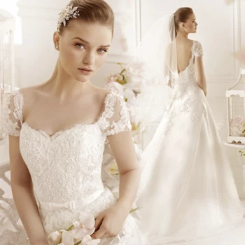 

Fansmile Short Sleeve Vestido De Noiva Lace Gowns Wedding Dress 2020 Train Custom-made Plus Size Bridal Tulle Mariage FSM-633T