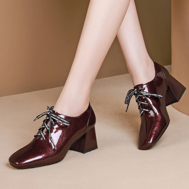 

Fashion Women High Heels Genuine Leather Square Toe Party Shoes Woman Lace Up Spring Summer Brand Office Lady Pumps Shoes
