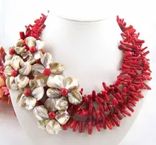 Flower!!natural coral&ahell pearl neckalce/earring set