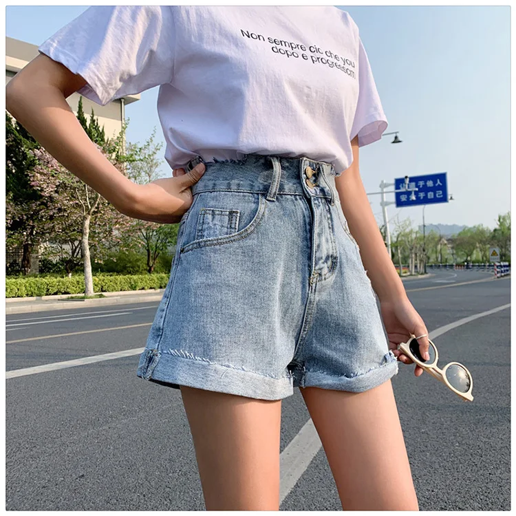 Весна Лето Высокая талия корейские девушки отверстия джинсовые короткие джинсы свободные брюки женские