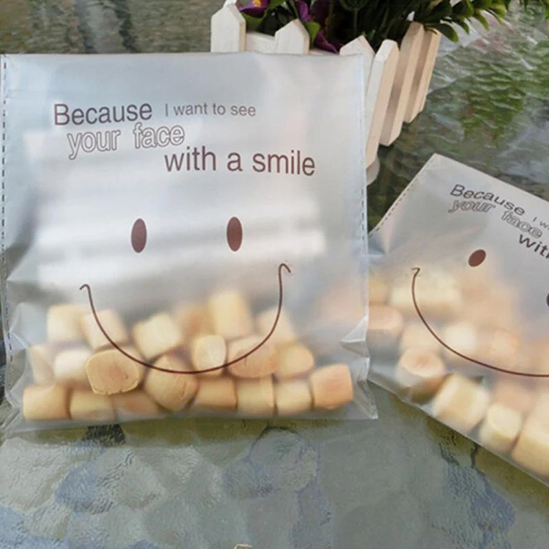 New 50pcs Smiley Face Plastic Gift Bags Plastic Lollipop Bag Smiley Face Self Adhesive Matte Candy Cookie DIY OPP Bags