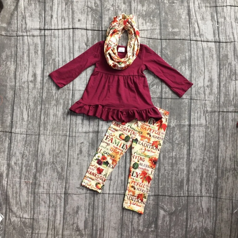 

Fall/winter 3 pieces scarf baby girls kids outfits wine burgundy letter leaves pant cotton boutique children clothes kidswear