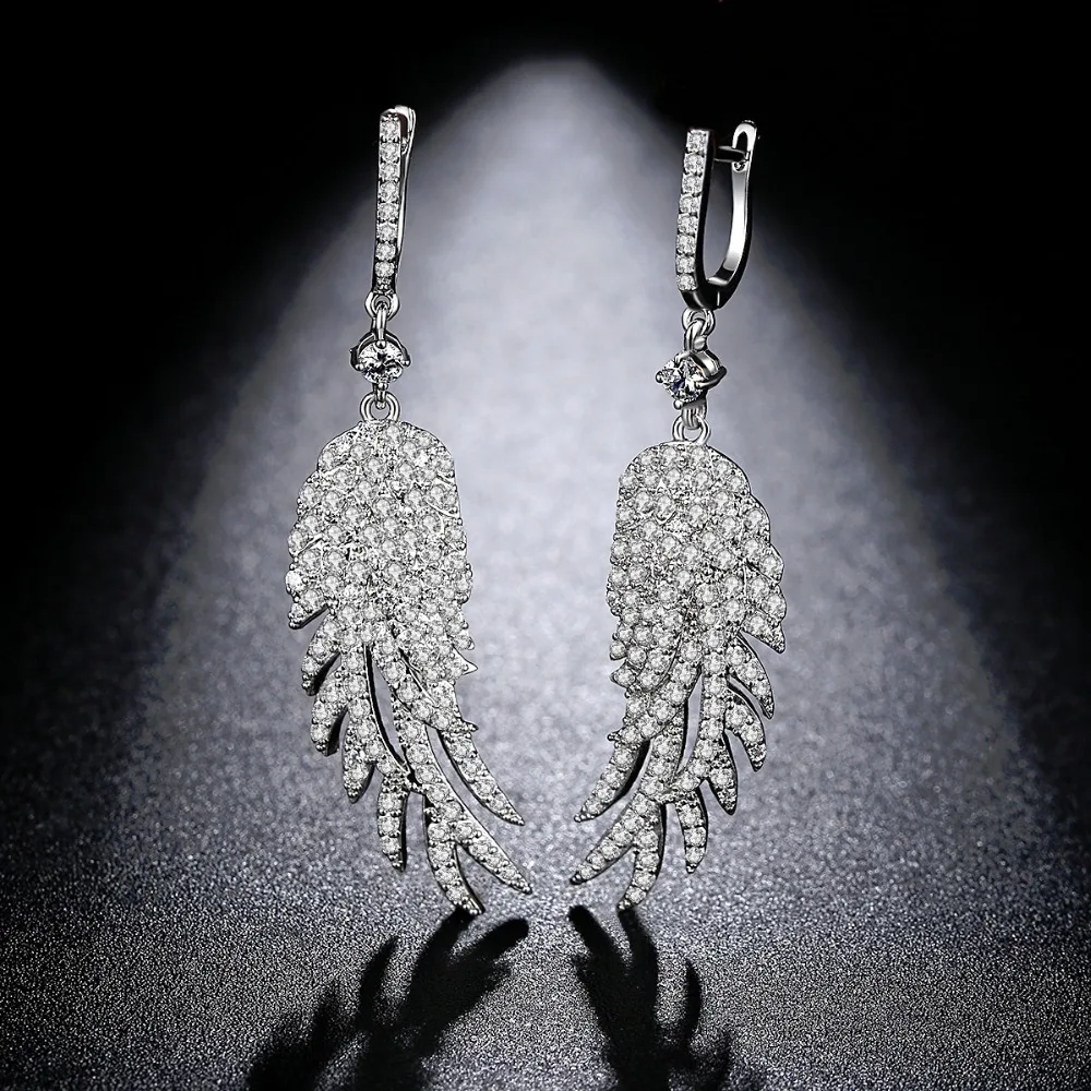 LUOTEEMI Fashion Long Drop Earrings with Stones Angel Wings Large Big Brincos Micro Paved CZ Ear Clip Wedding Jewelry