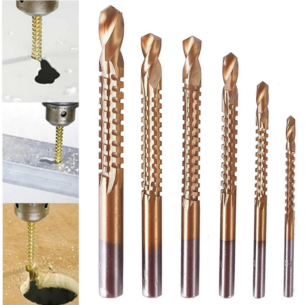 

6Pcs/Set Titanium Plating High-Speed Steel Drill Bits Carpenter Woodworking Drilling Cut Grooving Saw Drill Bits open-hole set