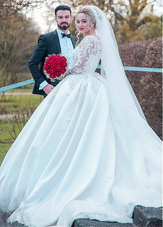 Vestido De Noiva/ мусульманское свадебное платье бальное атласное кружевное жемчужное винтажное арабское свадебное платье для невесты