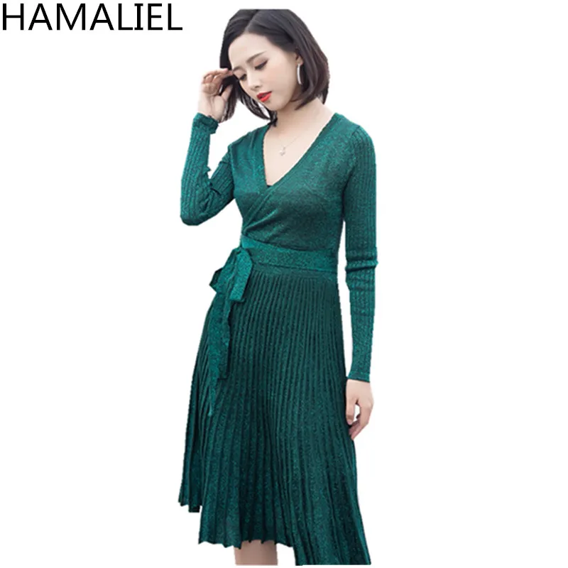 

HAMALIEL 2018 Designer Autumn Winter Women Sweater Dress High Quality Silver Long Sleeve V Neck Knitting Pelated Party Dress