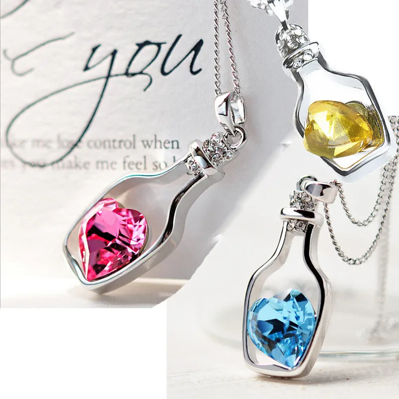 

Women Fashion Popular Crystal Necklace Love Drift Bottles Hot Pink