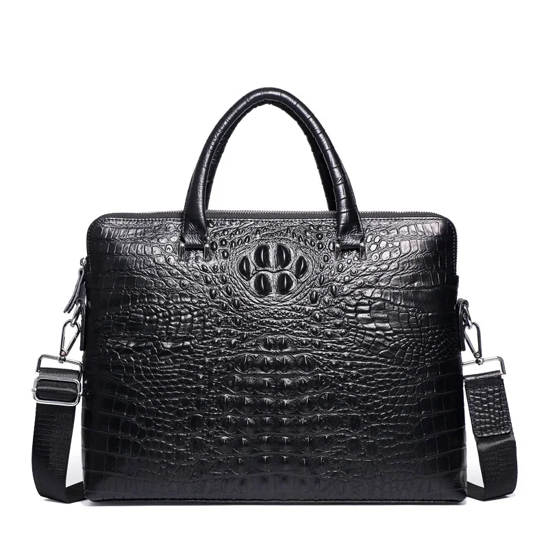 

Double Zipper Mens Handbag Genuine Leather Crocodile Pattern Briefcase Men Shoulder Messenger Bag Cowhide Business Laptop Bag