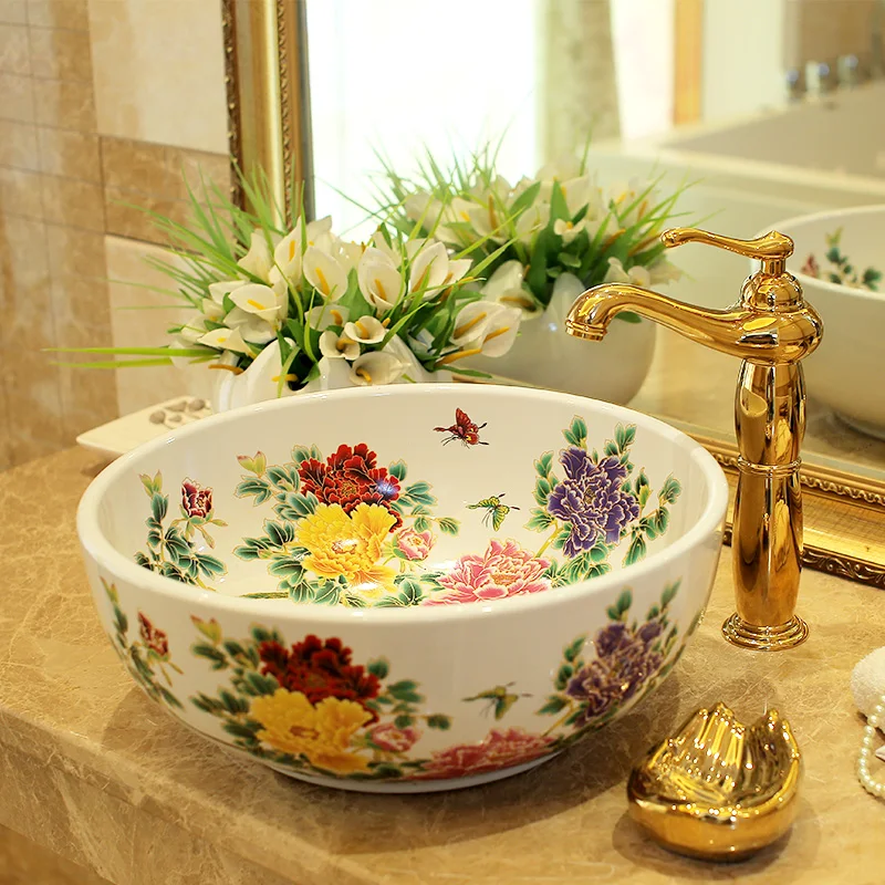 Europe Vintage Style Lavobo Ceramic Washing Basin Counter top Bathroom Sink hand painted vessel sinks Peony painting black (4)
