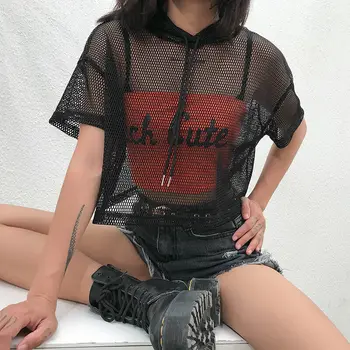 

Women Hooded Hollow out Mesh Bikini Cover up T-Shirt Short Sleeve Beach Tops Transparent see through Party Clubwear Beachwear