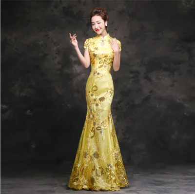 Красный русалка невесты Cheongsam длинное традиционное Qipao китайское вечернее платье восточные свадебные вечерние платья вышивка блестками Халат - Цвет: yellow