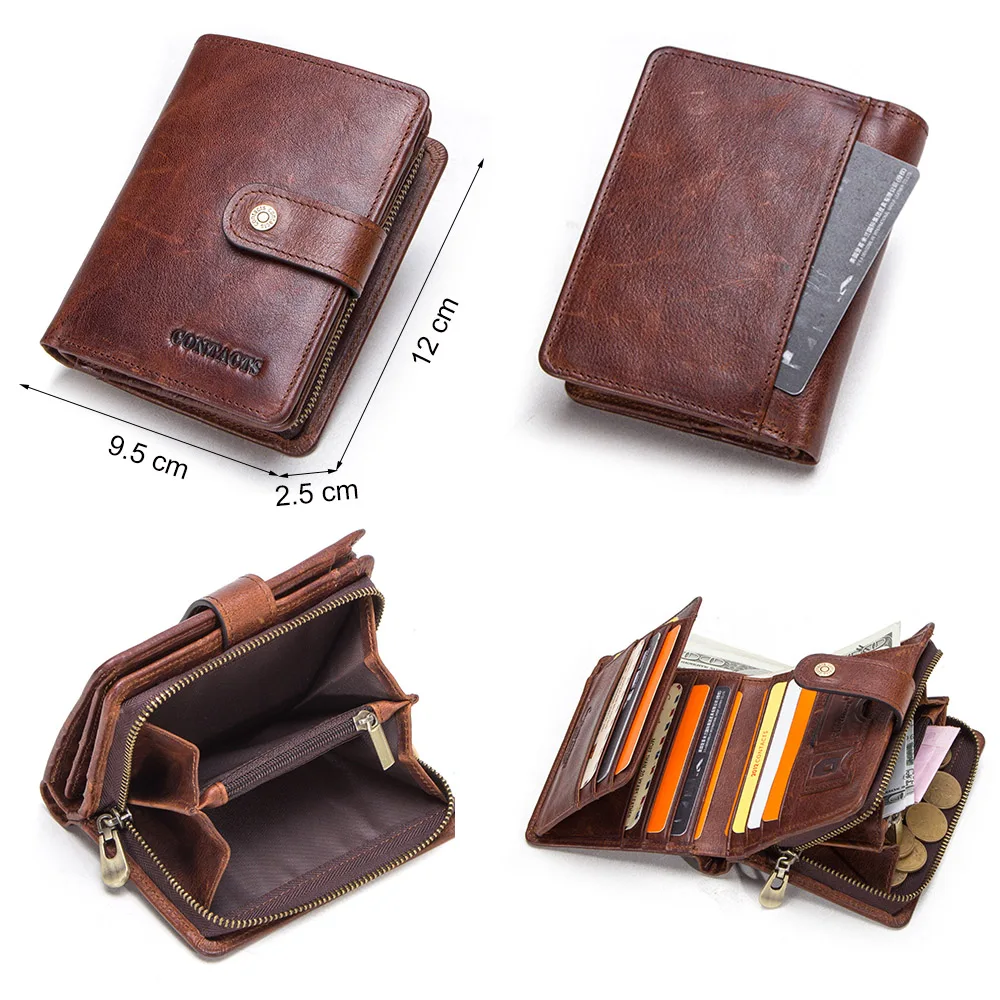 Online Cartera vintage de cuero genuino de contacto con RFID para hombres con bolsillo para monedas carteras cortas pequeña cremallera walet con tarjeteros Cartera de hombre