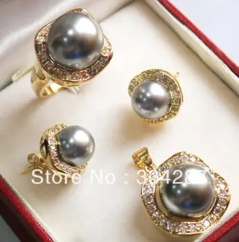

New Listed!Free shipping Gray South Sea Shell Pearl Ring Pendant Earring Jewelry Set