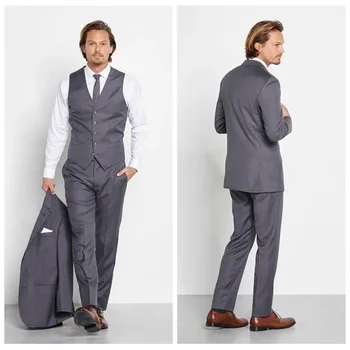 

Top Sale Light Grey Custom Suits For Mens Slim Fit Grooms Tuxedos 3 Piece Wedding Suits Business Formal Wear (Jacket+Vest+Pants)