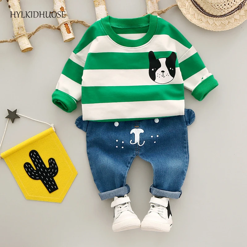 

HYLKIDHUOSE 2017 Baby Girls Boys Autumn Clothes Sets Children Cotton Suits Stripe T Shirt+Jeans Cartoon Dog Infant Kids Suits