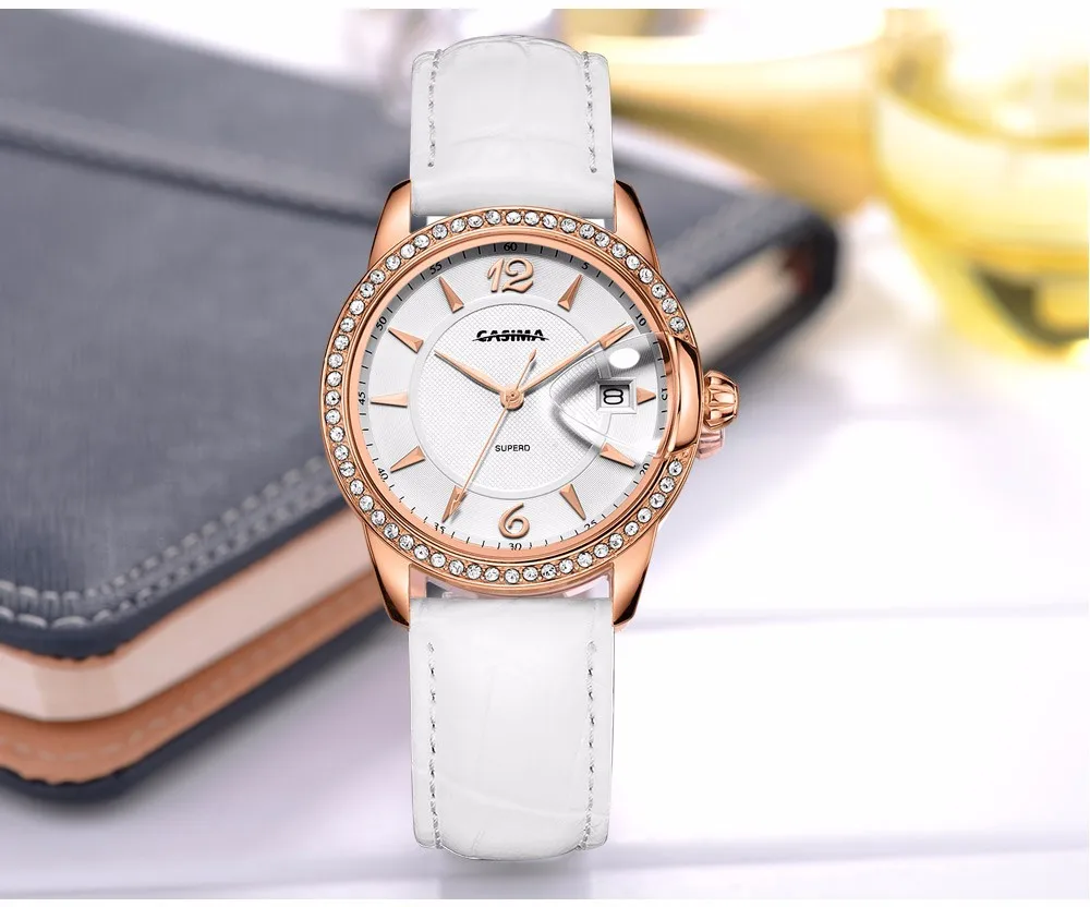 CASIMA моды Eleglant кожаный ремешок для часов Нержавеющая сталь Водонепроницаемый календарь Для женщин часы со стразами для подарка 2631