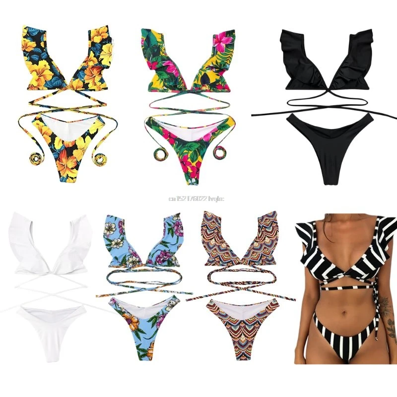 

Ruffles Flounce Shoulder Strap V-Neck Cross Strappy Bandage Swimsuit Boho Floral Pineapple Printing Bathing Suit 8 Styles