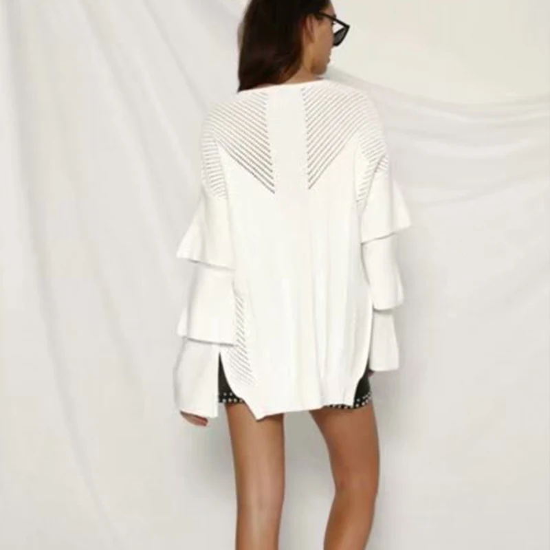 Long Flare Sleeve V Neck Women Sweater Knitted Hollow Out Split Long Pullover Red Casual Jumper 2018 Autumn Winter White Sweater Sweaters