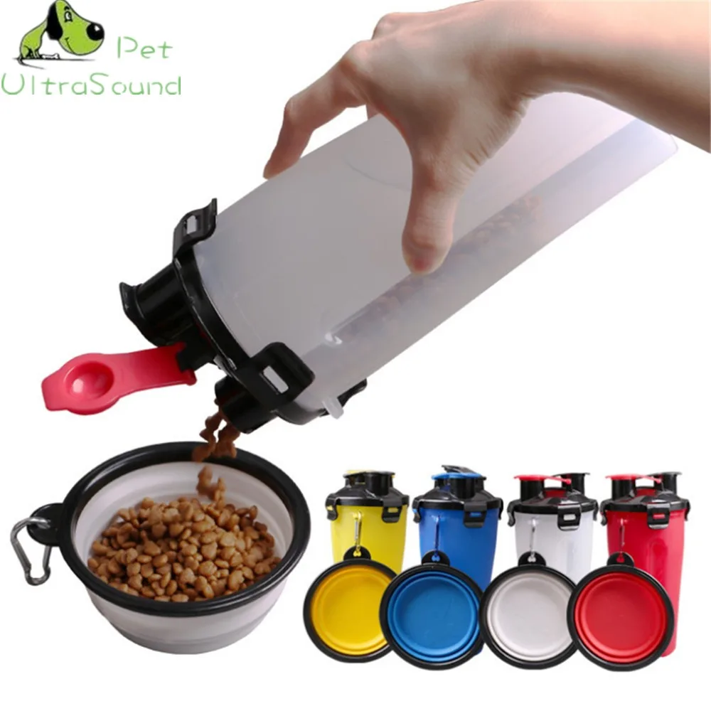 ULTRASOUND PET Food Water Bottle with Bowl Dual Chambered Storage Container with Collapsible Dog Pet Cup Pet Snake Feeders