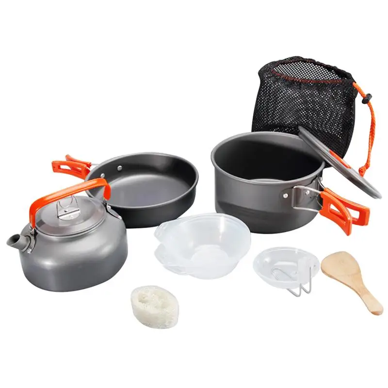 

9pcs Portable Camping Cooking Pot Set Simple Practical Cookers Kettle Set for Outdoor Party Gathering (Orange Handle Pattern)