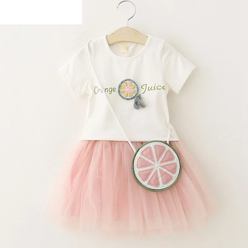

2018 Summer NEW Children Clothing Orange Cartoon Girl Clothes Set White T-shirt + Yarn Dress 2pcs Fashion Girls Clohting