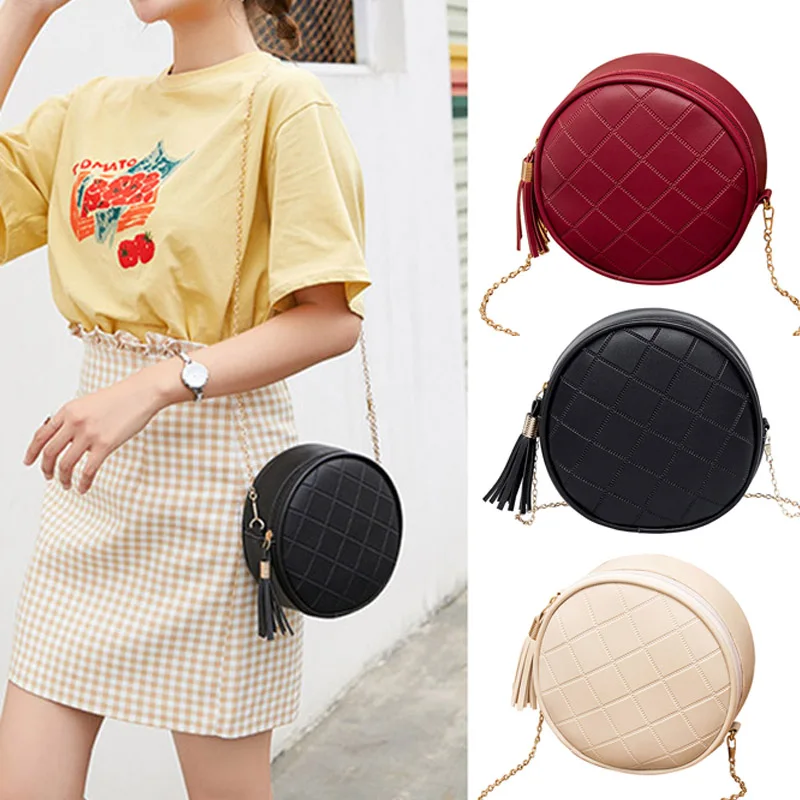 

2019 Women Crossbody Bag with Tassels Round PU Leather Chain Messenger Bag -OPK
