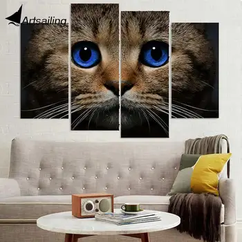 

4 Panel Canvas Art Canvas Painting Cat Stare Blue Eyes HD Printed Wall Art Poster Home Decor Wall Picture for Living Room XA105D