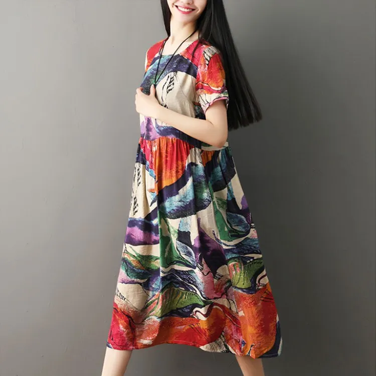 

Women Clothes Abstract Pattern Print Party Dresses A-Line Vintage Casual Loose Cotton Linen Summer Dress Vestidos