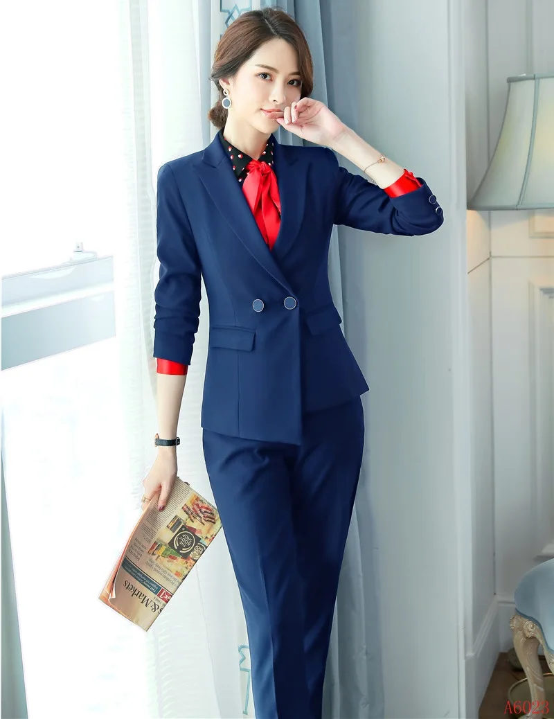 Usure marine Bureau Femmes Noir Ensembles Uniforme Bleu Travail Costumes Blazer Qualité Et Veste Dames Formelle D'affaires Noir Haute Pantalon WT1zFqBwx