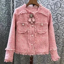 CBAFU Ретро твидовый пиджак женские розовые кисточкой пуговица с жемчугом бриллиантами галстук-бабочка осеннее пальто женские винтажные кисточкой короткие пиджаки D134