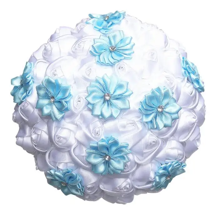Белый сатин розы Королевский синий цветок Букеты Свадебные Diamond Искусственные цветы de Mariage букет ramos de Овия W2791 пользовательские - Цвет: White Light Blue