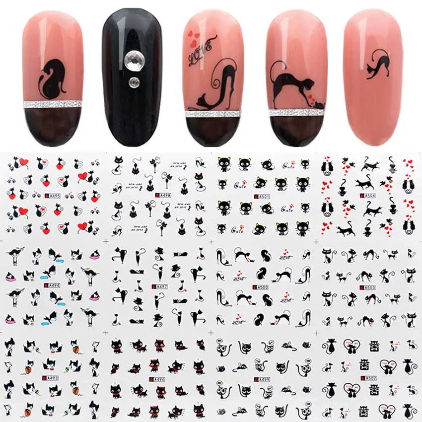 

12pcs/set Water Nail Sticker Black Cat Patterns Nail Art Water Decals Cartoon Nail Wrap Sticker Watermark Manicure Tools ZJT3024