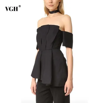 

VGH Summer Slash Neck Women's Shirt Short Sleeve Off Shoulder Backless Patchwork Hem Irregular Clothing Female 2020 Fashion New