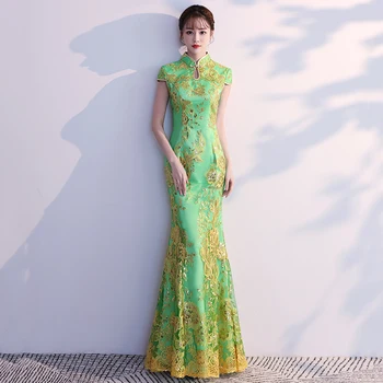 

Green Lace Formal Party Dress Female Cheongsam Mandarin Collar Vintage Button Sheath Dresses Exquisite Luxury Elegant Qipao