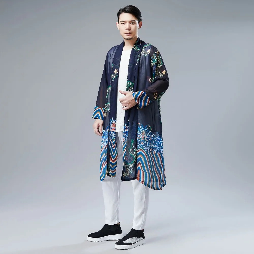 LZJN 2019 Japanese Kimono Cardigan Men Dragon Pattern Print Long Kimono Cardigan Men Thin Mens Kimono Cardigan Jacket Coat  (36)
