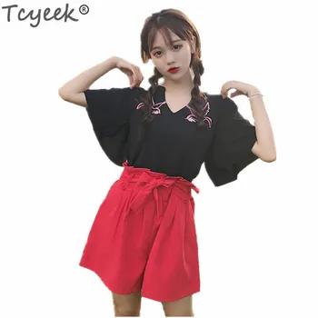 

Tcyeek 2019 Newest Short and Blouse Female Set Women Two Piece Set Casual Suit V Neck Shirt Elegant Ladies Sweet Costumes LWL404