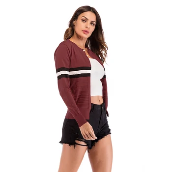 

2018 Women Beading Cardigan Stitching Color Striped Knitting Short Cardigan Round Collar Long Sleeve Casual Loose Open Stitch