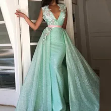 Длинное Зеленое кружевное арабское вечернее платье со съемной юбкой V образным вырезом кафтан Саудовская официальная Вечеринка платья для выпускного вечера